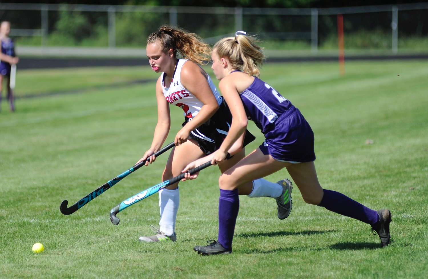 In contention. Honesdale’s Jillian Hoey and Wallenpaupack’s Aulbrey Folk vie for possession.